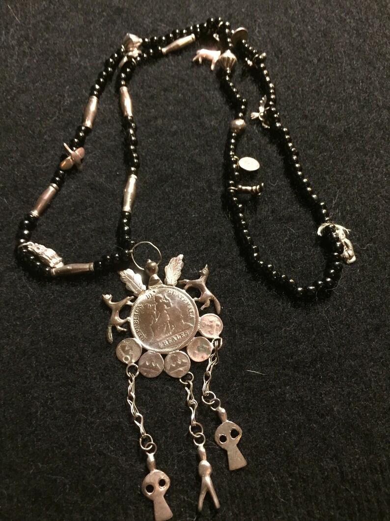 Vintage Guatemalan SilverCharmMayan ChachalTrade Beaded NecklaceFree Shipping!