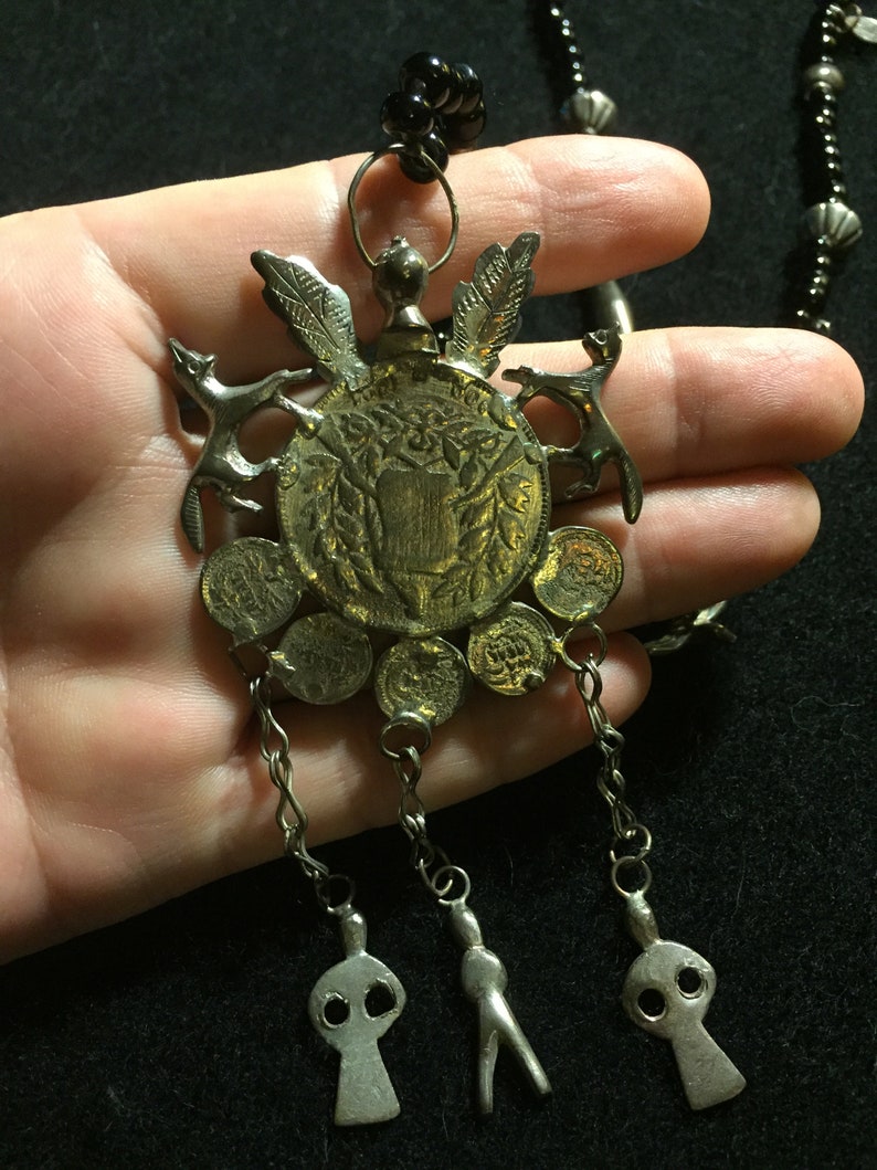 Vintage Guatemalan SilverCharmMayan ChachalTrade Beaded NecklaceFree Shipping!