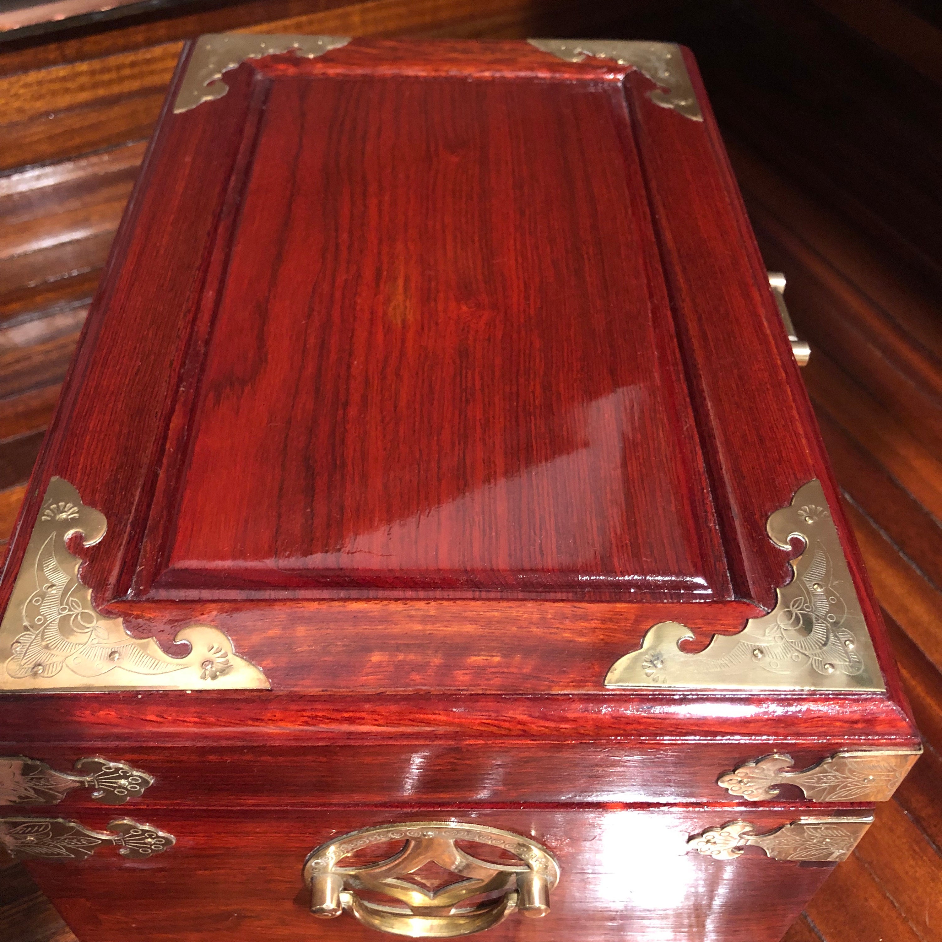 Vintage Chinese Wooden Jewelry Box With Original Lock and