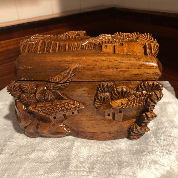Hand-Carved Wooden Trinket Box/Intricate Hand-Carved Wooden Box/Free Shipping! #95090324