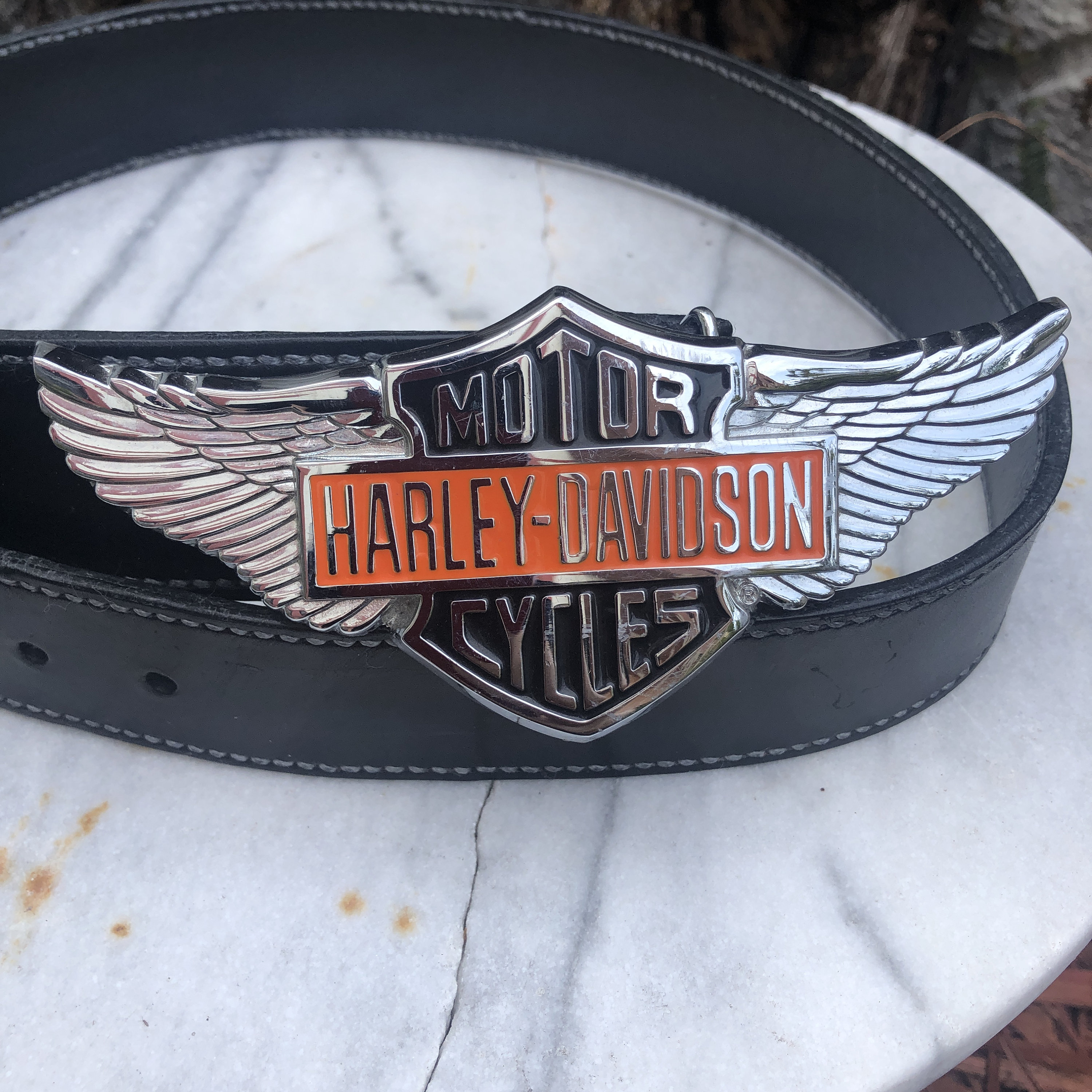 Handmade/hand-stitched Black Leather Belt With Harley Davidson Belt  Buckle/free Shipping 