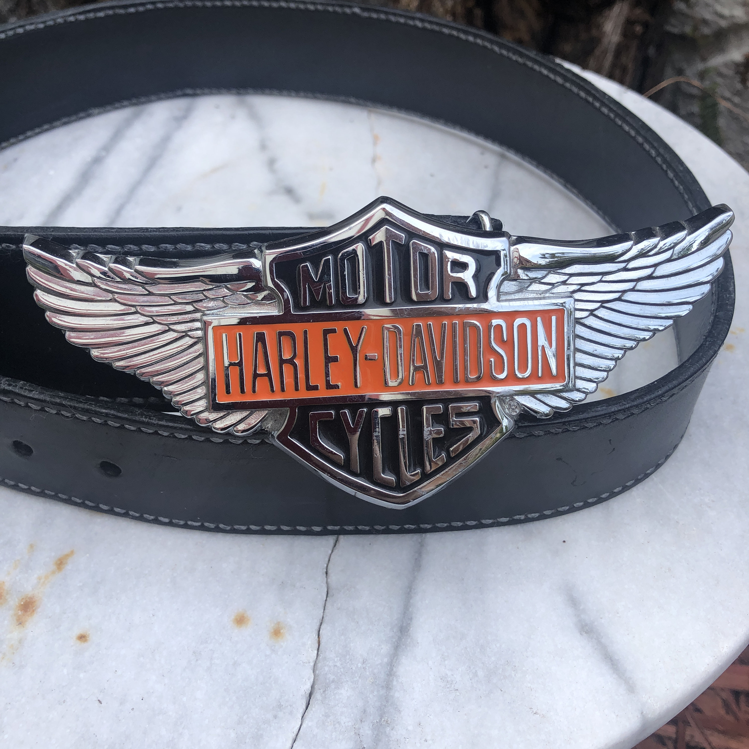 Handmade/hand-stitched Black Leather Belt With Harley Davidson