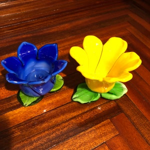 Pair of Murano Style Blue and Yellow Candle Holders/Free Shipping!