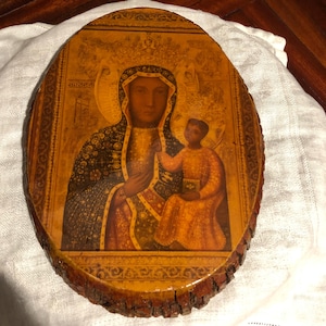Vintage Madonna and Child Wood Plaque/Madonna of Czestochwa/Free Shipping! #25030525/0
