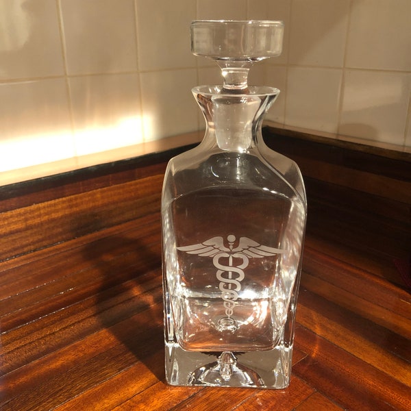 Clear Glass Beverage Decanter with Etched Medical Caduceus/Free Shipping! #79111423