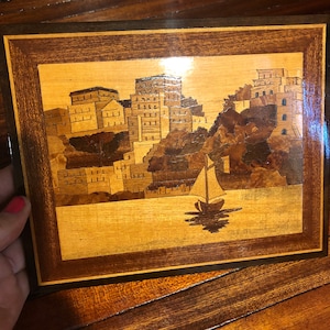 Vintage Sorrento Inlaid Marquetry Seascape Plaque from Italy/Free Shipping!