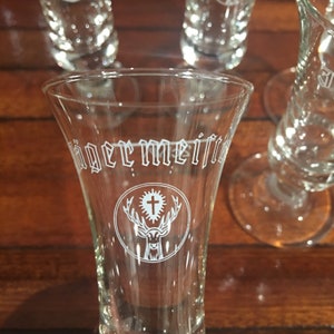 5 Vintage Jagermeister Shot glasses/German Shot Glasses/German Liquor Glasses Free Shipping!