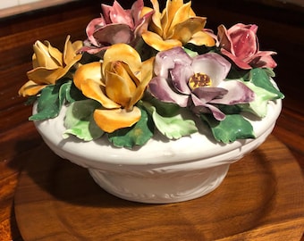 Vintage Capodimonte Hand-Painted Italian Flowered Lidded Dish/Free Shipping! #32110824