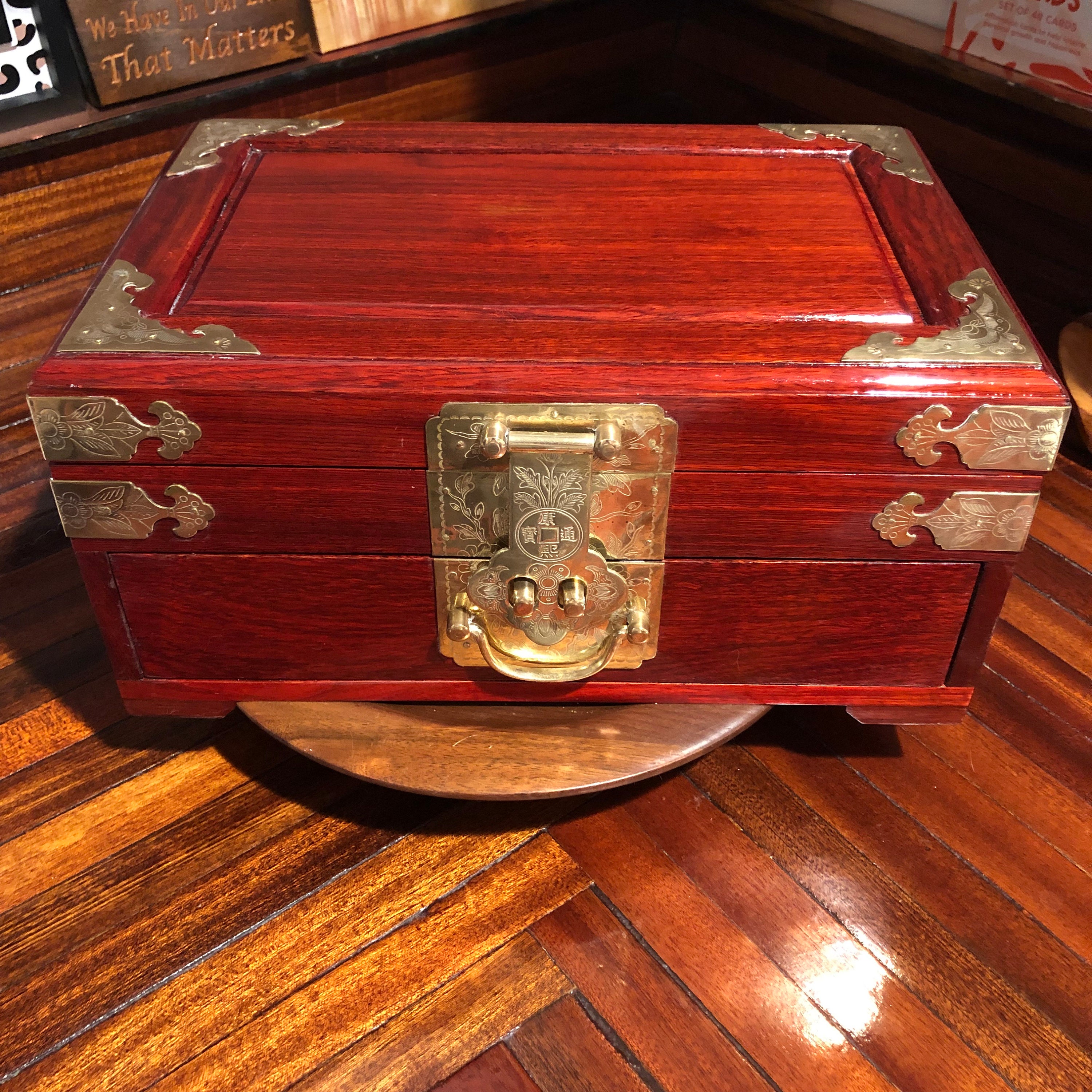 Vintage Chinese Wooden Jewelry Box With Original Lock and