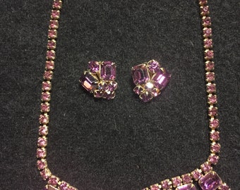 Vintage Emerald Cut/Amethyst/Purple Rhinestone/Glass Necklace and Earring Set