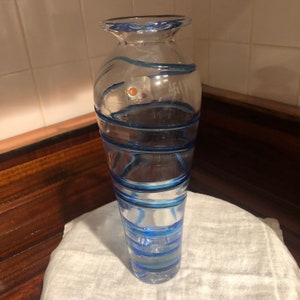 Vintage Handmade Blenko Clear Glass and Blue Swirl Vase/Hand-Blown Blenko Vase/Free Shipping! #78081824