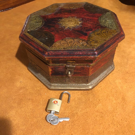 Vintage Octagon Wooden and Brass Sun/Trinket Box/F