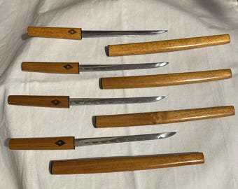 Vintage Set of 4 Japanese Steak Knives with Wooden Sheaths/Japanese Knives/#34050226/22