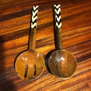 Hand-Carved African Teak and Bovine Salad Servers/Free Shipping!