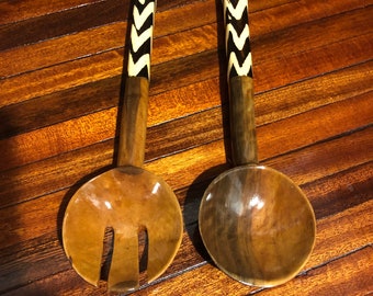 Hand-Carved African Teak and Bovine Salad Servers/Free Shipping!