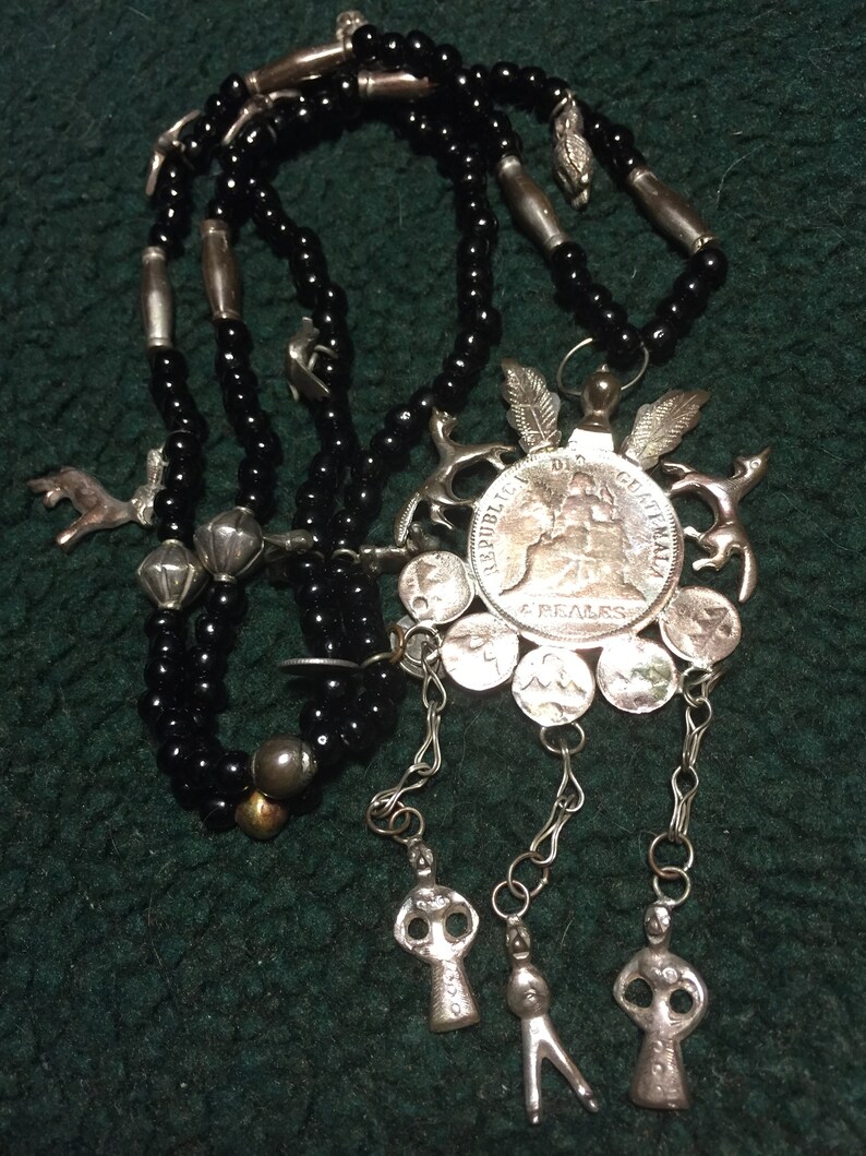 Vintage Guatemalan SilverCharmMayan ChachalTrade Beaded NecklaceFree Shipping!