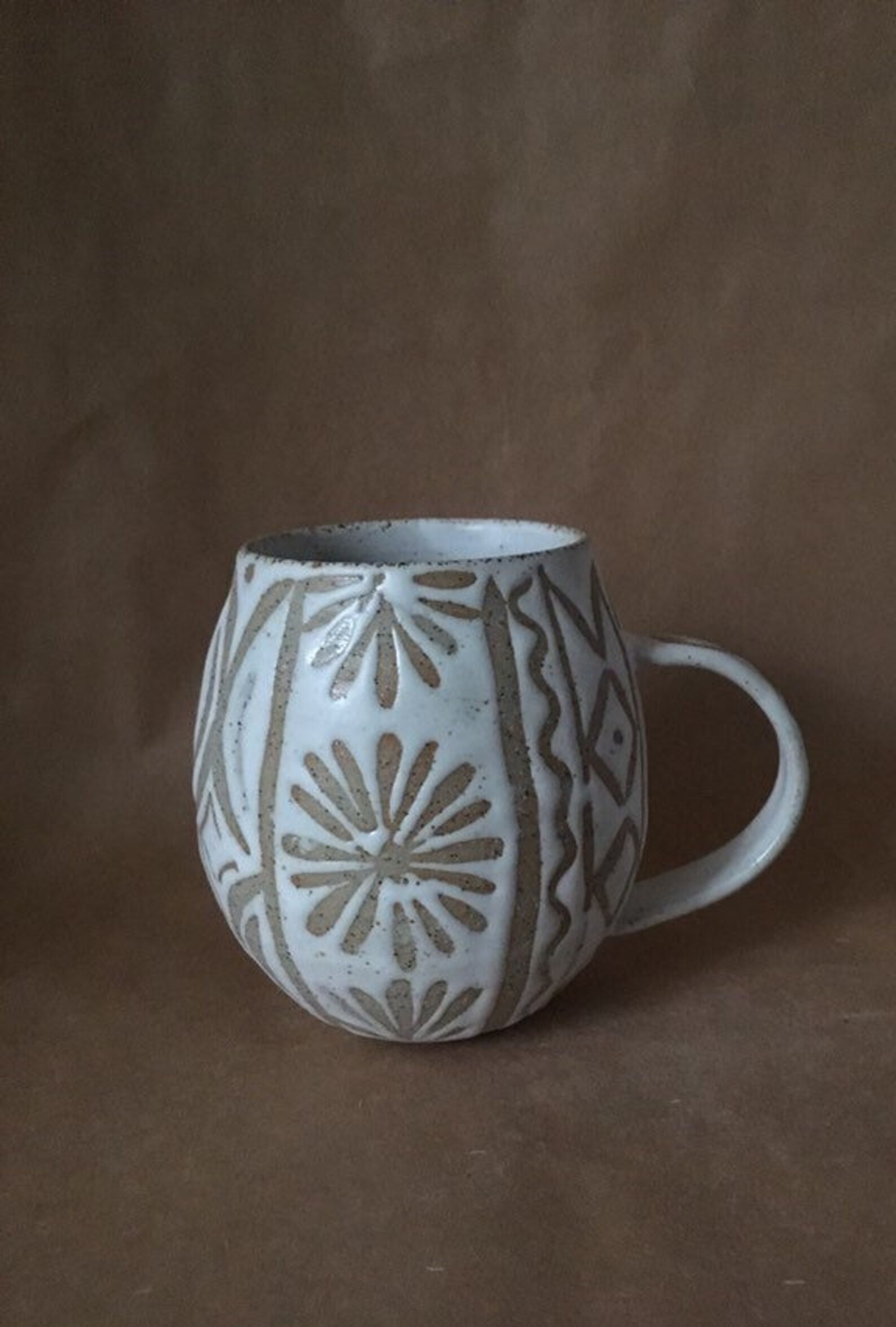 Handmade Ceramic Mug Pulled Handle Wax Resist Brushwork Etsy