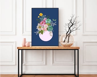Hand Drawn Floral Bouquet Printable -Downloadable Floral Art Poster- Romantic Floral Bouquet on Pink Base- Modern Floral Art