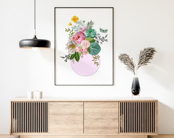 Floral Art Wall Printable,Romantic Floral Bouquet on Pink Base,Botanical Printable, Modern Flower Art Printable