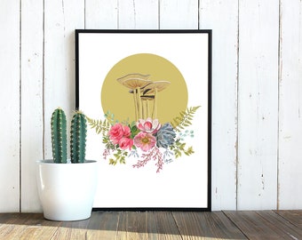 Floral Mushroom Printable Wall Art, Floral Artwork, Botanical Wall Art Downloadable, Floral Print