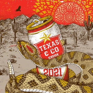 May include: A vintage-style poster advertising a music festival called "Texas C Co Music" with a rattlesnake wrapped around a can of beer. The poster features a red, orange, and yellow color scheme and includes the text "Oct 14 & Oct 15", "Dallas", and "The Woodlands".