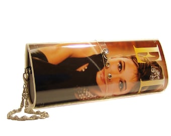 MAGAZINE CLUTCH PURSE, Audrey Hepburn, photo purse, clutch purse, evening bag, changeable purse, photo gifts, magazine purse, custom gift