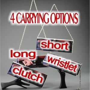 May include: A rectangular clutch bag featuring a photographic print of a person, with a silver chain strap. The text 4 CARRYING OPTIONS, long, short, WRISTLET, and clutch is overlaid on the image, indicating versatile ways to carry the accessory.