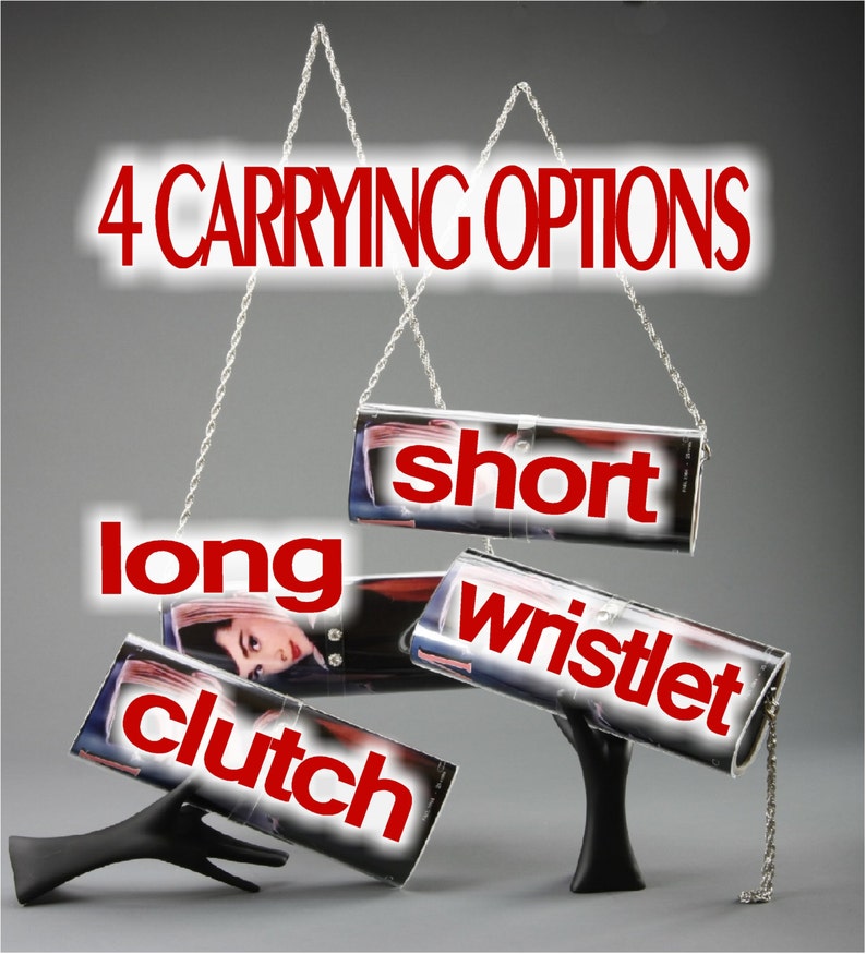 May include: A rectangular clutch bag featuring a photographic print of a person, with a silver chain strap. The text 4 CARRYING OPTIONS, long, short, WRISTLET, and clutch is overlaid on the image, indicating versatile ways to carry the accessory.
