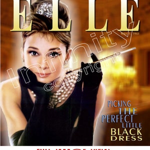 May include: A magazine cover featuring a person with an updo hairstyle, wearing a black sleeveless dress, long black gloves, and a multi-strand pearl necklace. The person holds a long cigarette holder. Text includes ELLE, MAY 3, 1961, and PICKING THE PERFECT LITTLE BLACK DRESS.