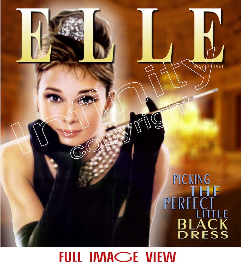May include: A magazine cover featuring a person with an updo hairstyle, wearing a black sleeveless dress, long black gloves, and a multi-strand pearl necklace. The person holds a long cigarette holder. Text includes ELLE, MAY 3, 1961, and PICKING THE PERFECT LITTLE BLACK DRESS.