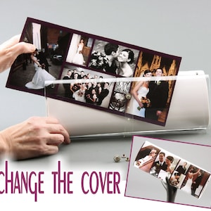 May include: A rectangular clutch with a clear plastic exterior sleeve designed to hold a customizable photo collage insert. The insert features multiple wedding photographs in a dark purple border. The text CHANGE THE COVER is visible.