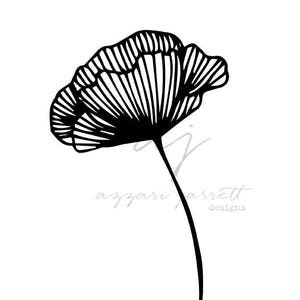 Op de afbeelding: Zwart-witte lijntekening van een enkele papaver met een lange stengel.