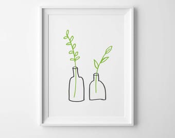 Minimalist Small Plants INSTANT DOWNLOAD Illustration Art, Green Poster, Minimalist, Illustration Artwork, Digital Art, Leaf Poster, 24x36