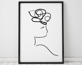 Female Silhouette Illustration INSTANT DOWNLOAD Art, Illustration Printable, Curly Hair, Minimalist Art, Feminist Art, Black and White Print