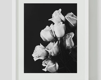 Impresión de rosas en blanco y negro, minimalista, arte de pared en blanco y negro, imprimibles, descarga instantánea, impresión minimalista, rosa, flor, impresión de rosas