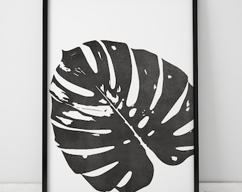 Blanco y negro (pizarra) Monstera Leaf INSTANT DOWNLOAD Art, Arte imprimible, Hoja tropical, Hoja de Monstera, Impresión de arte, Hoja botánica