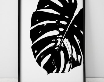 Zwart-wit Monstera Leaf INSTANT DOWNLOAD kunst, afdrukbare kunst, tropische jungle blad, Monstera blad, Art Print, botanische blad, downloaden