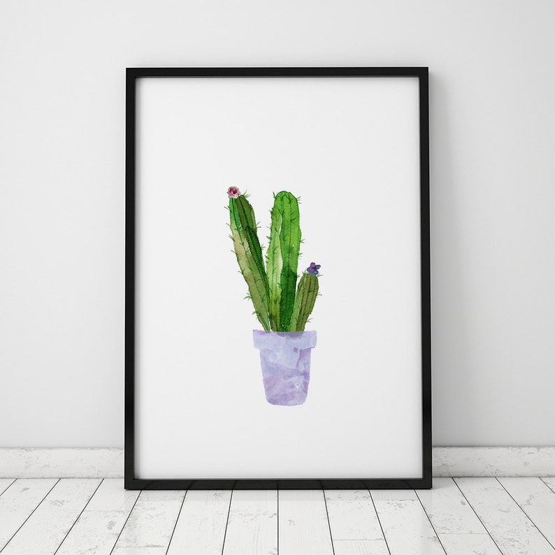 May include: A watercolor painting of a cactus plant in a purple pot. The cactus is green with a few pink and purple flowers.