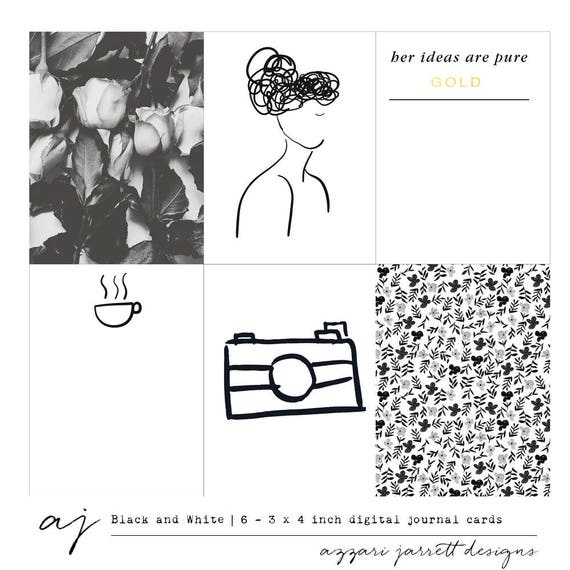 Black and White Cards, Digital Journal Cards, Project Life, Printable,  Black and White, Digital Download, Instant Download 