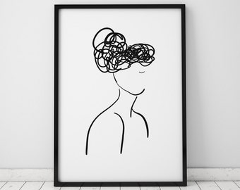 Vrouwelijke silhouet illustratie INSTANT DOWNLOAD, illustratie Poster, minimalistisch, minimalistische kunst, feministische kunst, zwartwit Poster