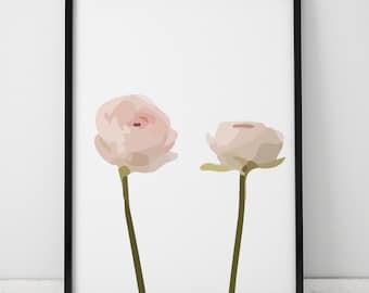 Minimalist Pink Ranunculus INSTANT DOWNLOAD Illustration Art, Pink Printable Art, Minimalist, Illustration Artwork, Digital Art, Ranunculus