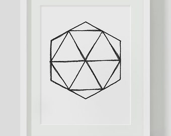 Geometric Polygon, Minimalist, Handdrawn, Black and White Wall Art, Printables, Instant Download, Minimalist Print, Black and White, Modern