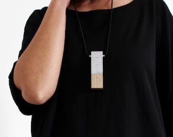 Statement Architectural Necklace with Geometric Concrete and Wood Pendant