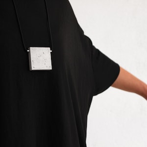 Long Modern Necklace with Square Pendant made of Concrete & Stainless steel | Architecture to Wear