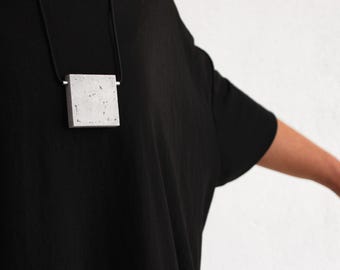Long Modern Necklace with Square Pendant made of Concrete & Stainless steel | Architecture to Wear