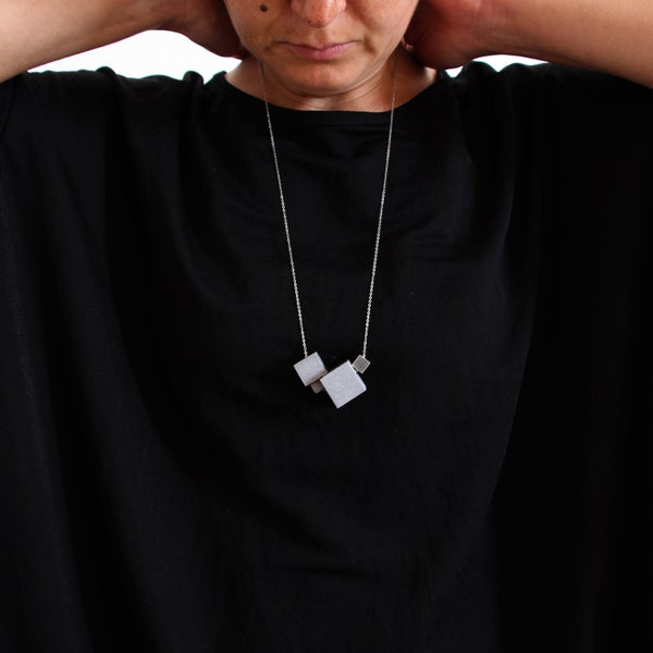 Modern long necklace 4NX, concrete jewelry with concrete and stainless steel cubes and italian silver chain, wearable architecture