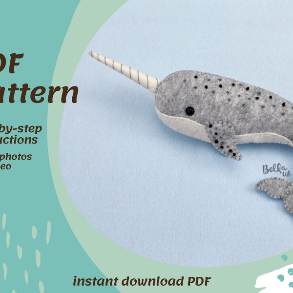 Narwhal toy sewing pattern pdf whale felt DIY stuffed toy pattern ocean animals easy to sew patterns unicorn fish sewing for beginners