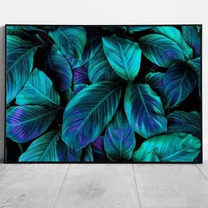 Vibrant Abstract Jungle Leaves Wall Art Print: Framed Green, Blue & Purple Botanical Decor