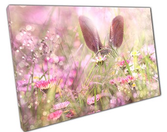 Print on Canvas Bunny in Pink Flowers Ready to Hang Wall Art Print Picture For Home Office Decor