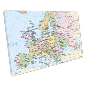 Mapa azul claro da Europa, cidades e países, arte de parede impressa, decoração oceânica, pronta para pendurar